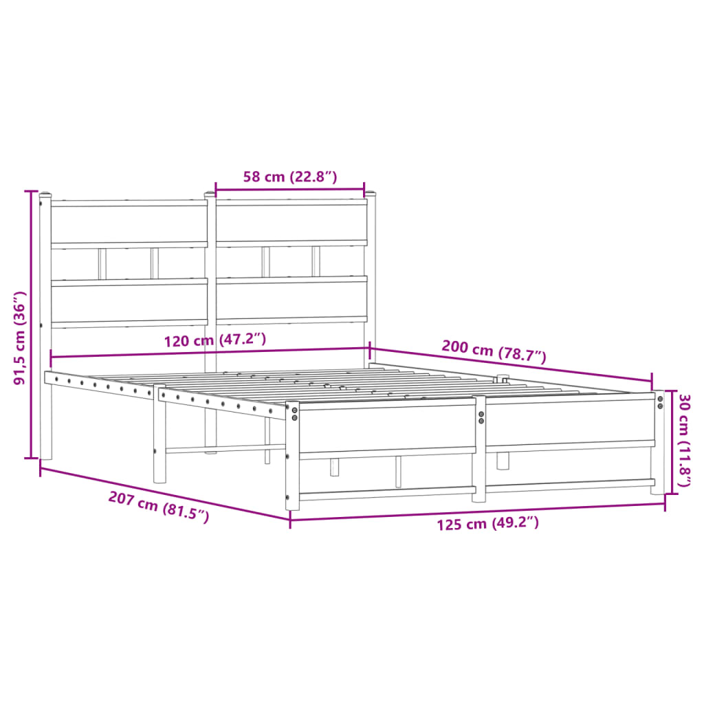 Sengeramme i metall uten madrass sonoma eik 120x200 cm
