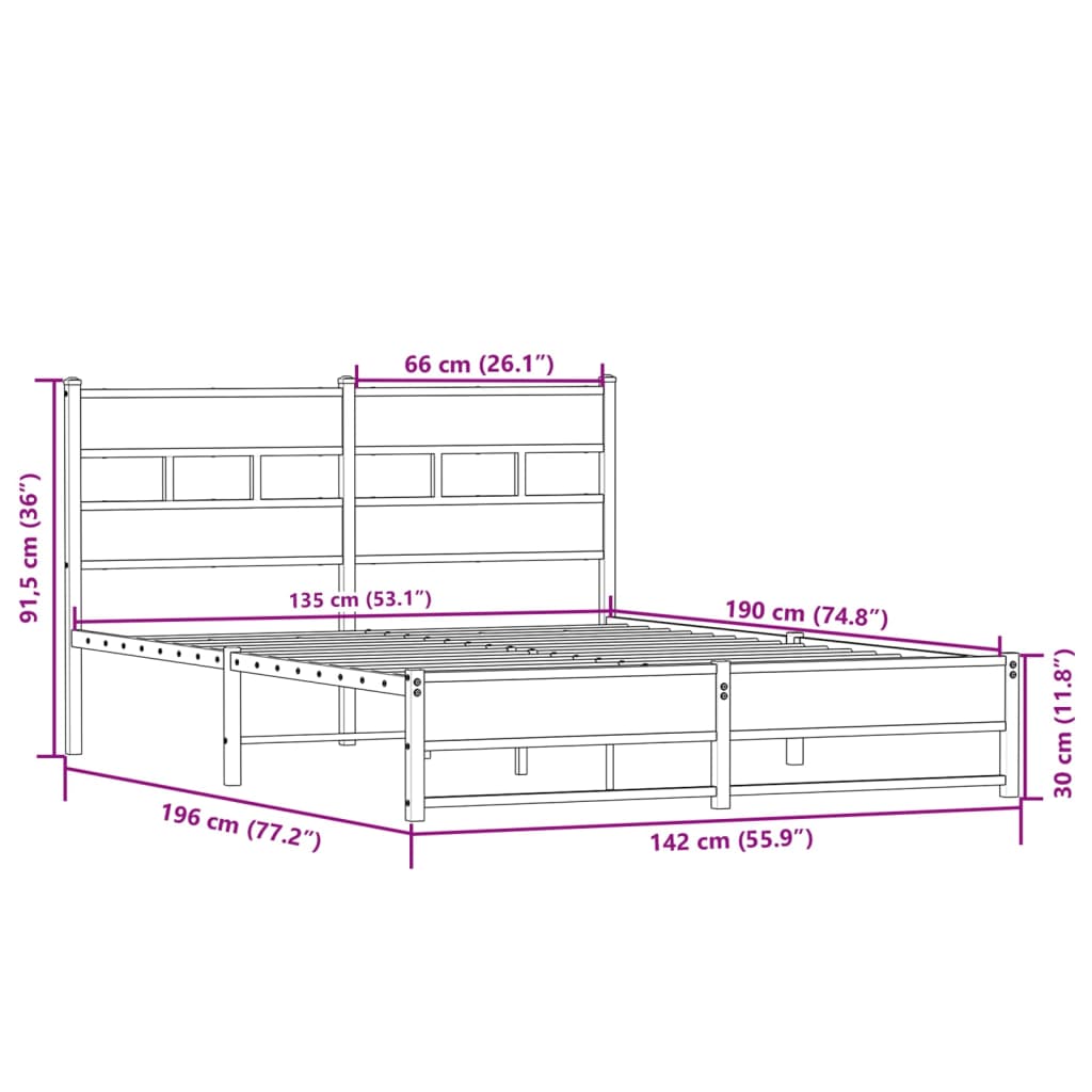 Sengeramme i metall uten madrass sonoma eik 135x190 cm
