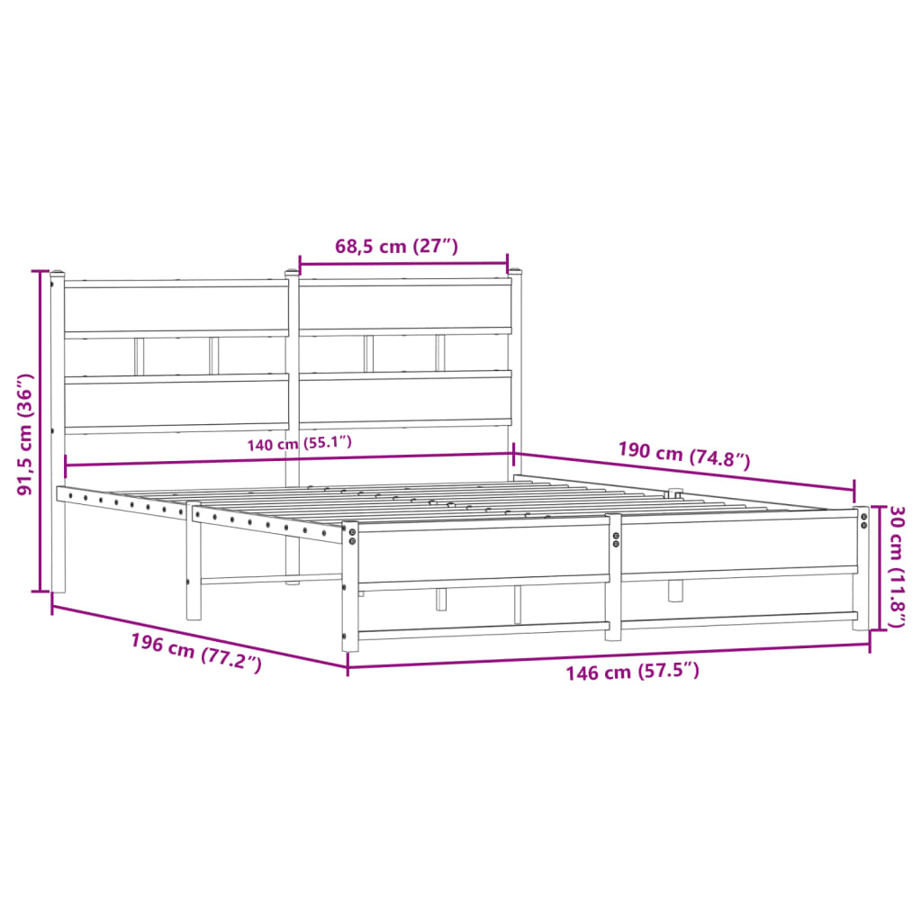 Sengeramme i metall uten madrass sonoma eik 140x190 cm