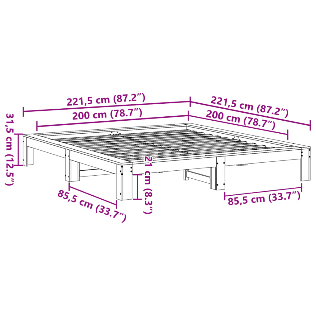 Sengeramme uten madrass voksbrun 200x200 cm heltre furu