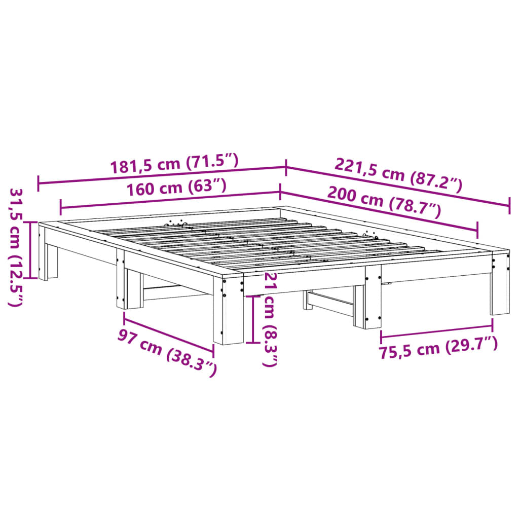 Sengeramme uten madrass hvit 160x200 cm heltre furu