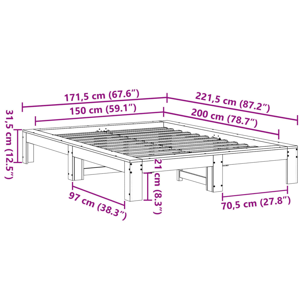 Sengeramme uten madrass 150x200 cm heltre furu