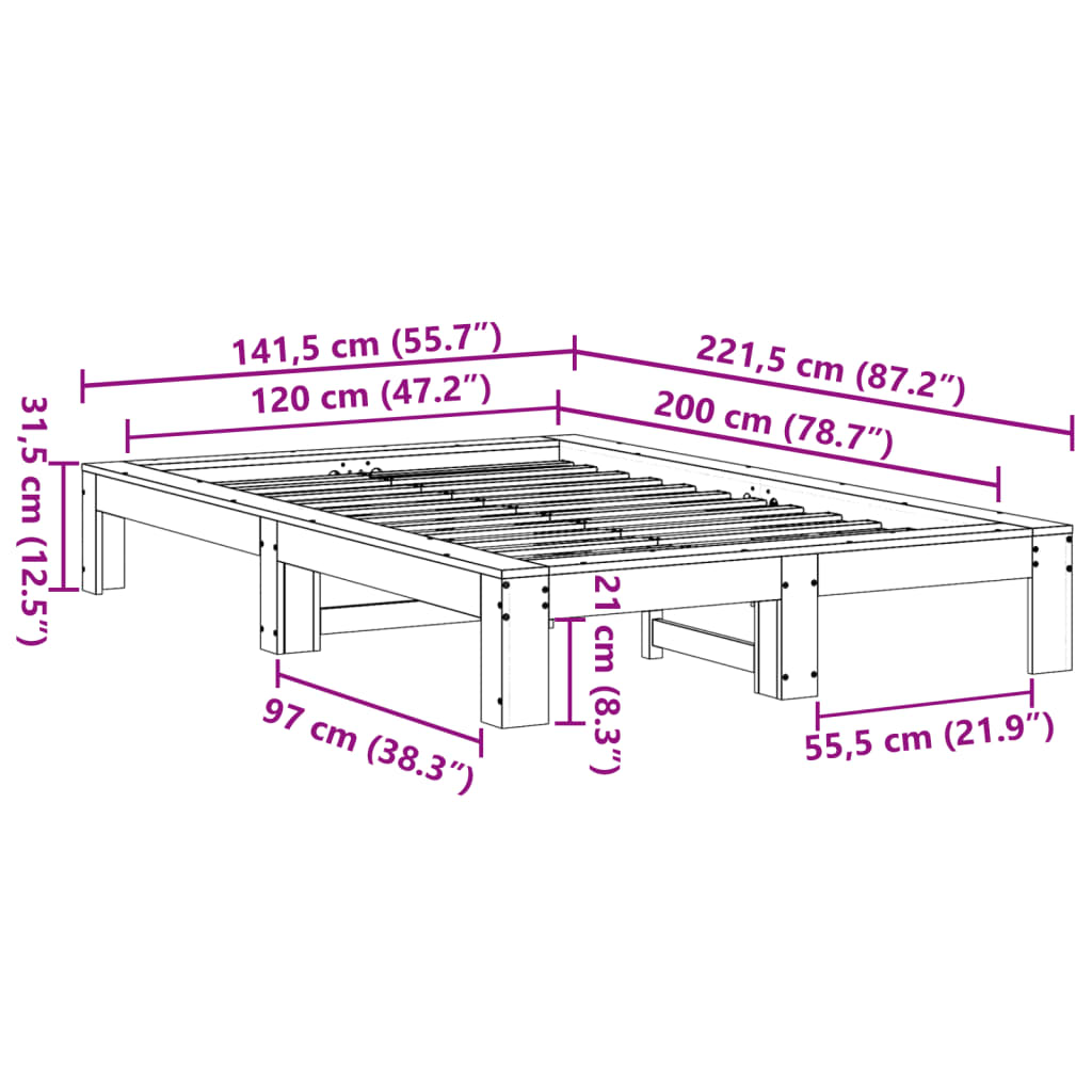 Sengeramme uten madrass hvit 120x200 cm heltre furu