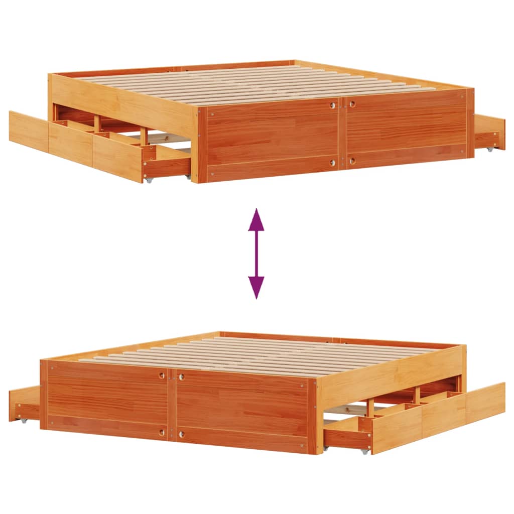 Sengeramme uten madrass med skuffer brun 180x200 cm heltre furu