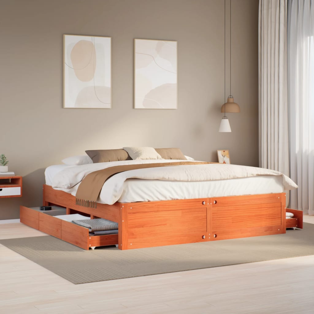 Sengeramme uten madrass med skuffer brun 180x200 cm heltre furu