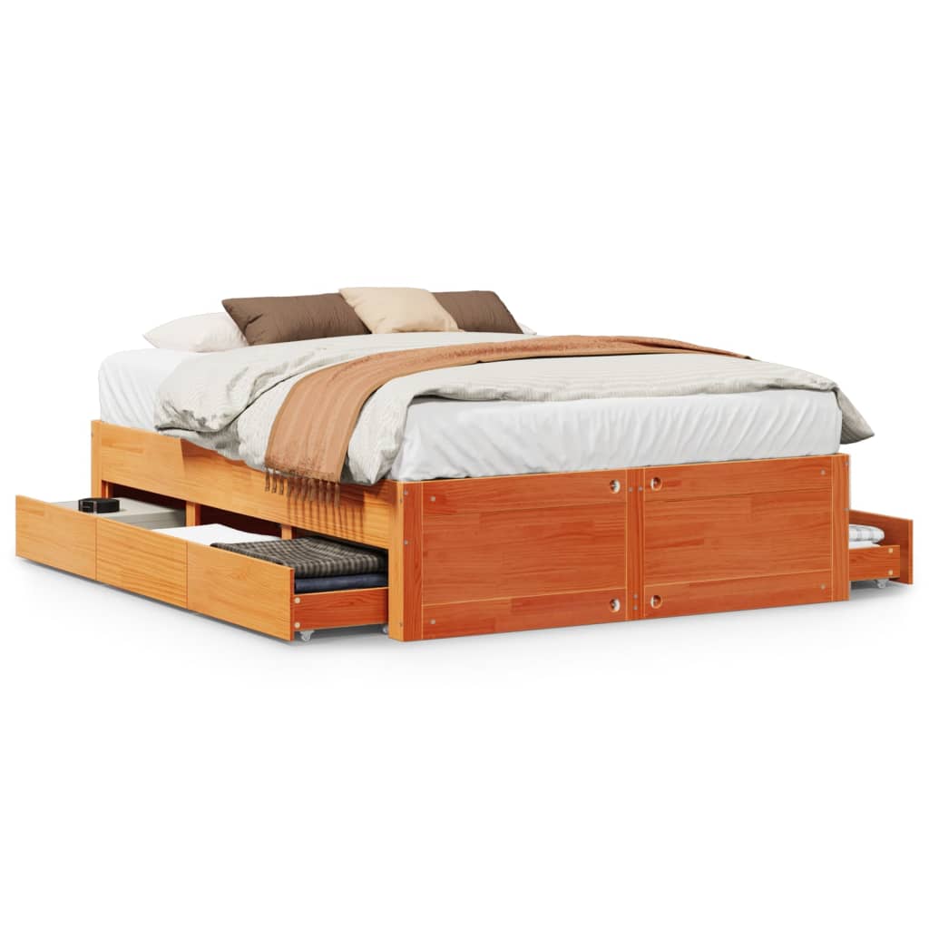 Sengeramme uten madrass med skuffer brun 140x200 cm heltre furu