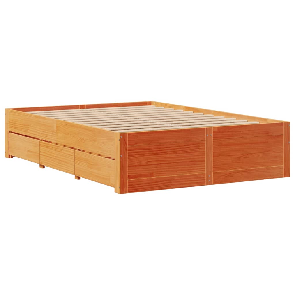 Sengeramme uten madrass med skuffer brun 140x200 cm heltre furu