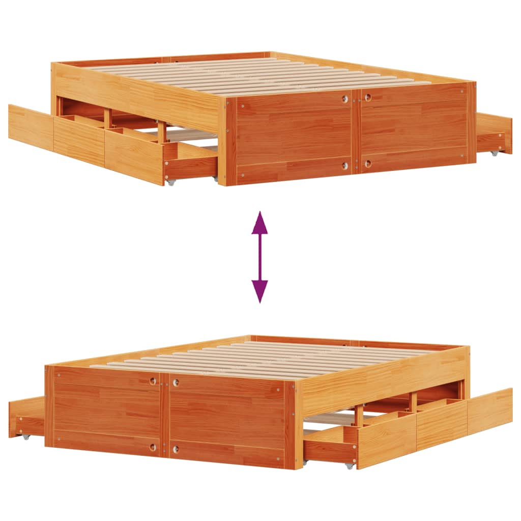 Sengeramme uten madrass med skuffer brun 140x190 cm heltre furu