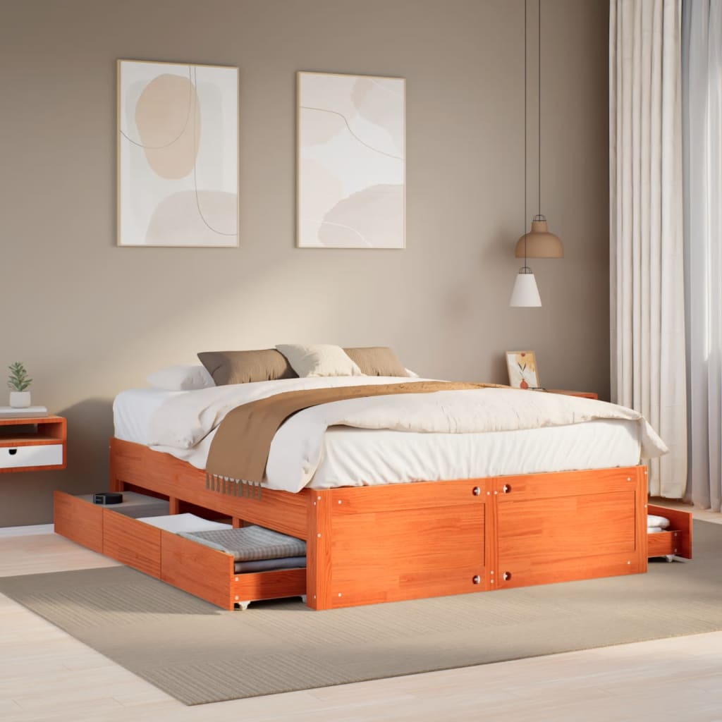 Sengeramme uten madrass med skuffer brun 140x190 cm heltre furu