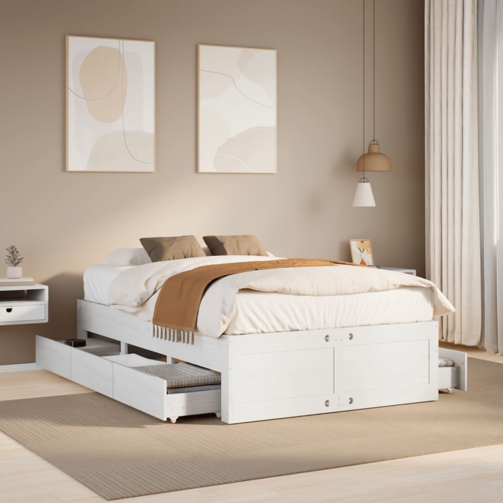 Sengeramme uten madrass med skuffer hvit 135x190 cm heltre furu