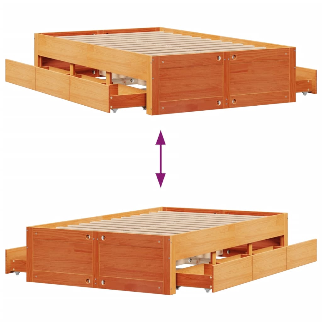 Sengeramme uten madrass med skuffer brun 135x190 cm heltre furu