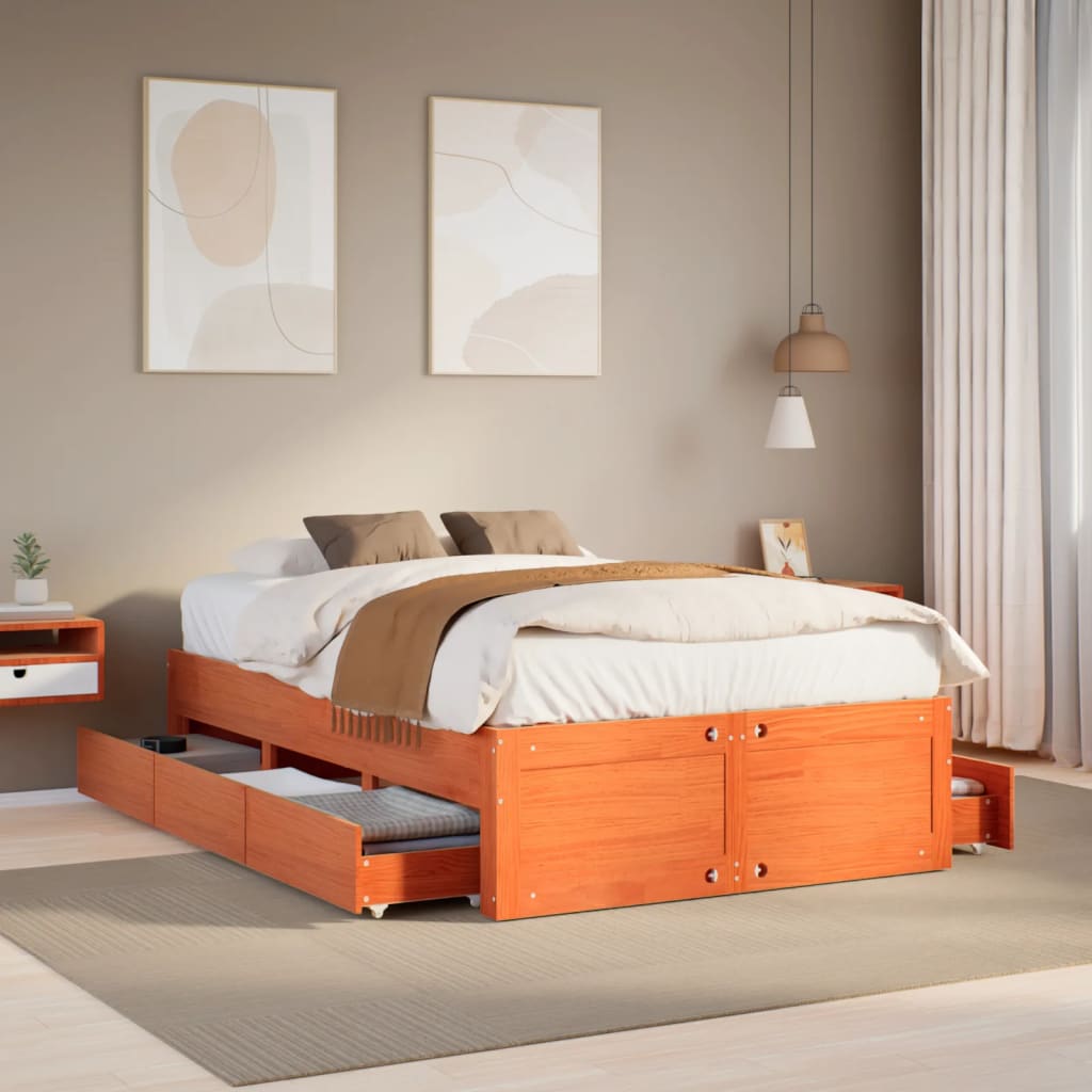 Sengeramme uten madrass med skuffer brun 135x190 cm heltre furu