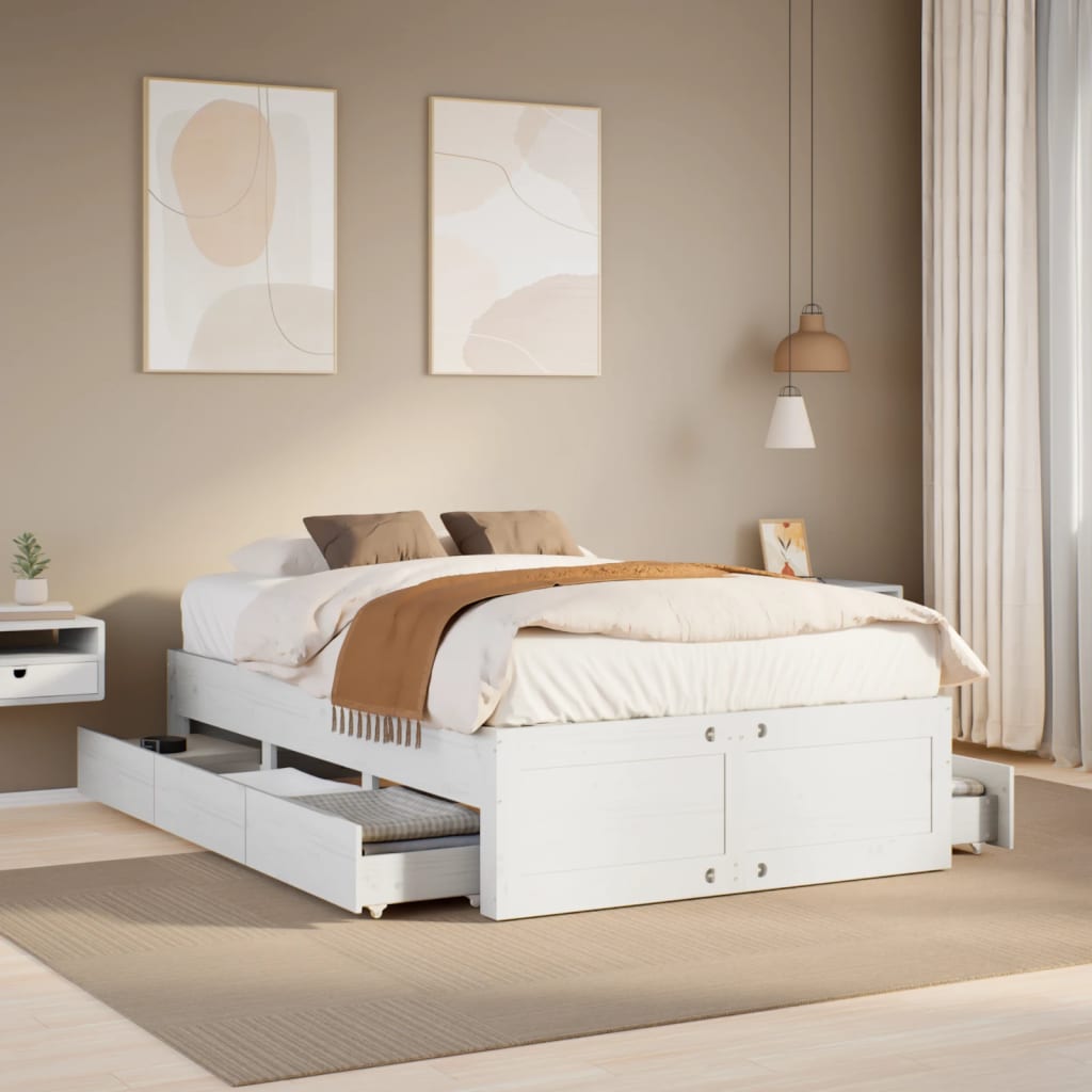 Sengeramme uten madrass med skuffer hvit 120x190 cm heltre furu