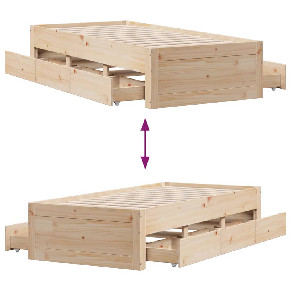 Sengeramme uten madrass med skuffer 75x190 cm heltre furu