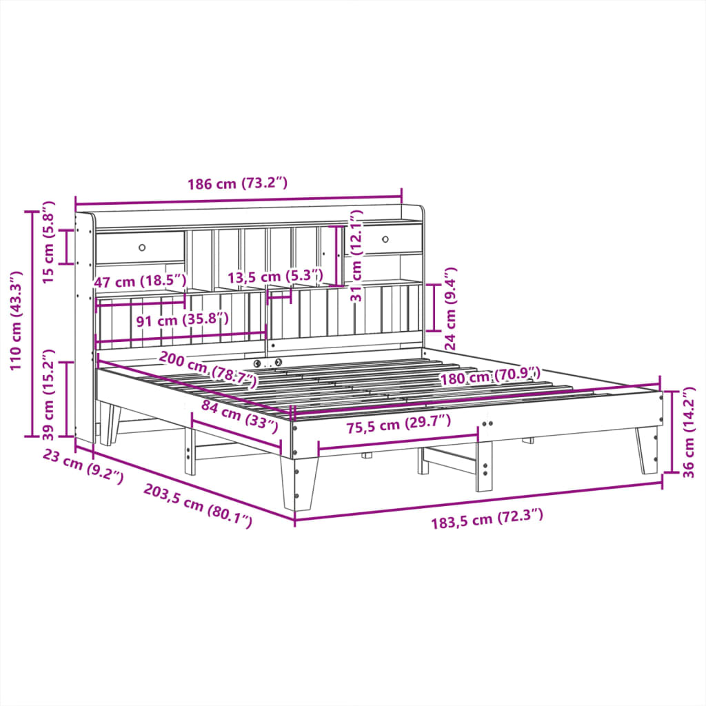 Sengeramme uten madrass hvit 180x200 cm heltre furu
