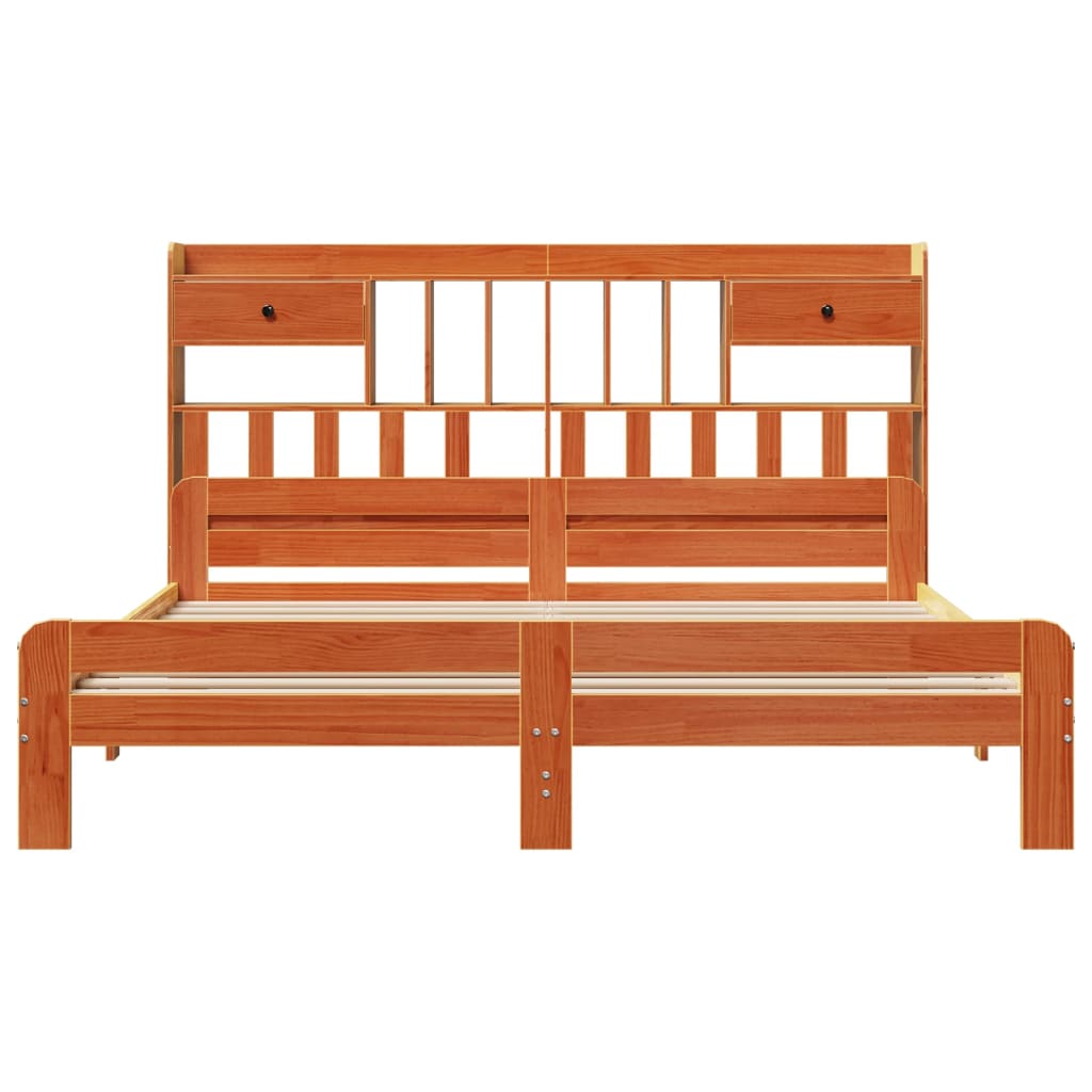 Seng med bokhylle uten madrass voksbrun 200x200 cm heltre furu