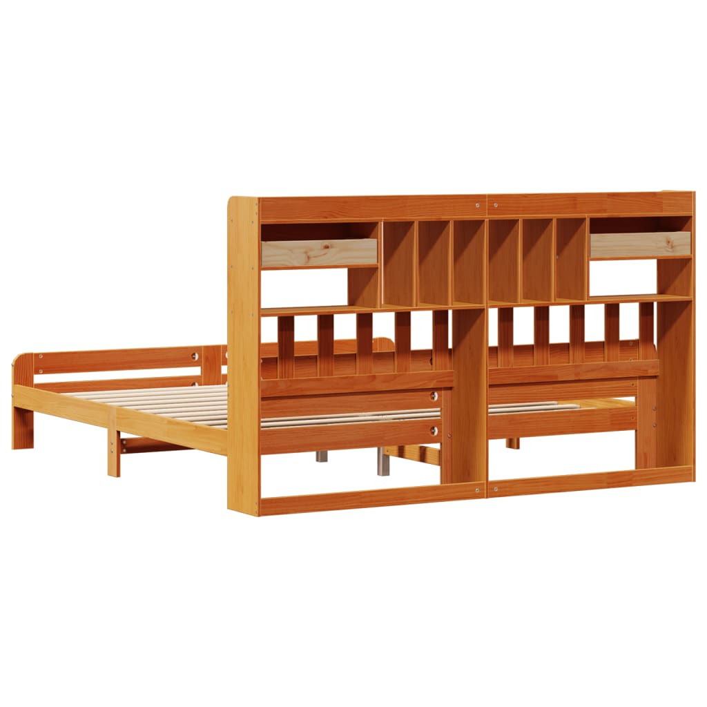 Seng med bokhylle uten madrass voksbrun 200x200 cm heltre furu