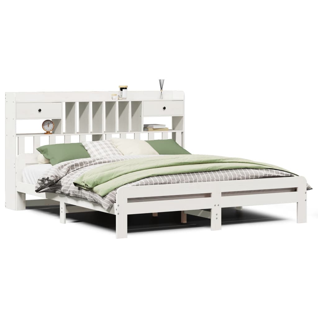 Seng med bokhylle uten madrass hvit 180x200 cm heltre furu
