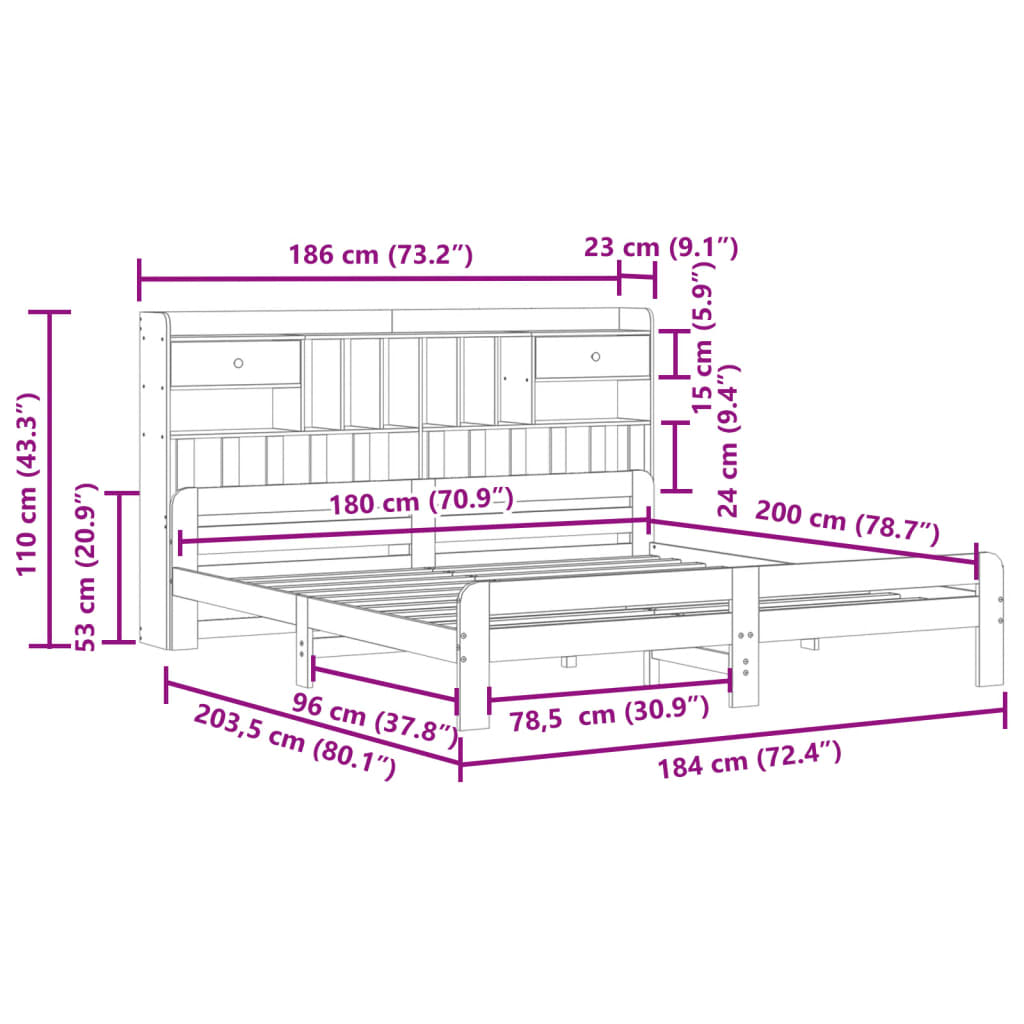 Seng med bokhylle uten madrass hvit 180x200 cm heltre furu