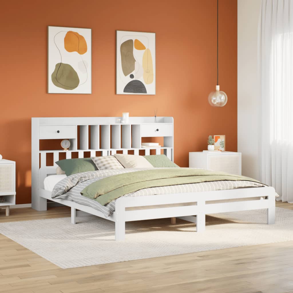 Seng med bokhylle uten madrass hvit 180x200 cm heltre furu