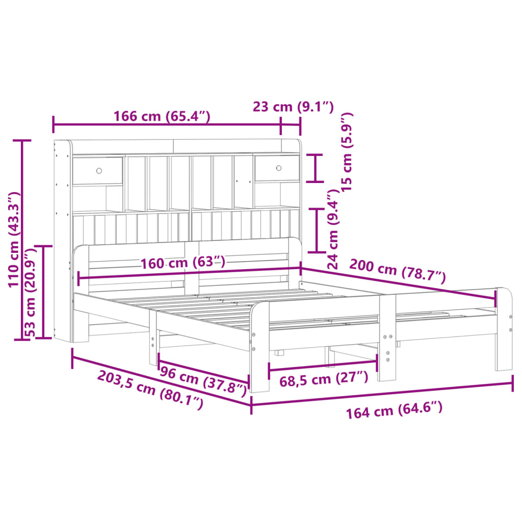 Seng med bokhylle uten madrass voksbrun 160x200 cm heltre furu