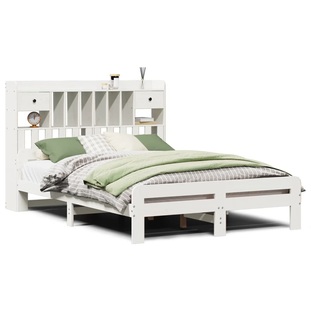 Seng med bokhylle uten madrass hvit 150x200 cm heltre furu