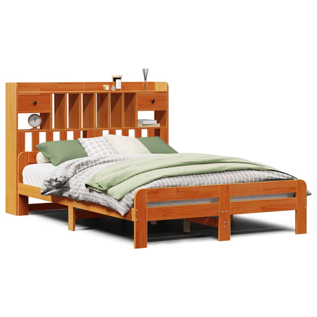 Seng med bokhylle uten madrass voksbrun 150x200 cm heltre furu