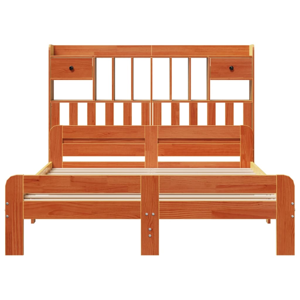 Seng med bokhylle uten madrass voksbrun 150x200 cm heltre furu