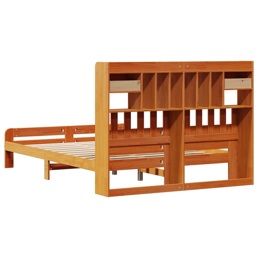 Seng med bokhylle uten madrass voksbrun 150x200 cm heltre furu