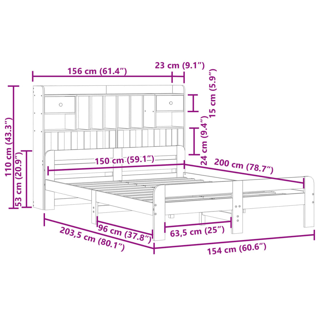 Seng med bokhylle uten madrass voksbrun 150x200 cm heltre furu
