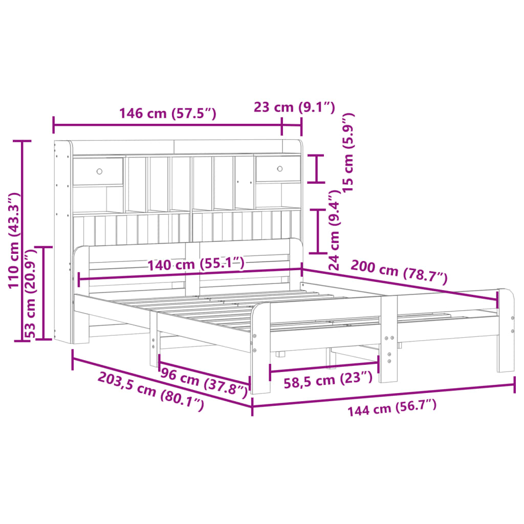 Seng med bokhylle uten madrass hvit 140x200 cm heltre furu