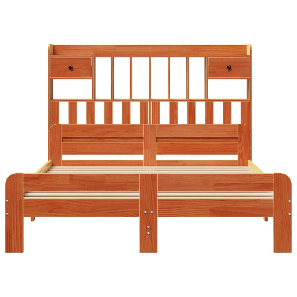 Seng med bokhylle uten madrass voksbrun 140x200 cm heltre furu