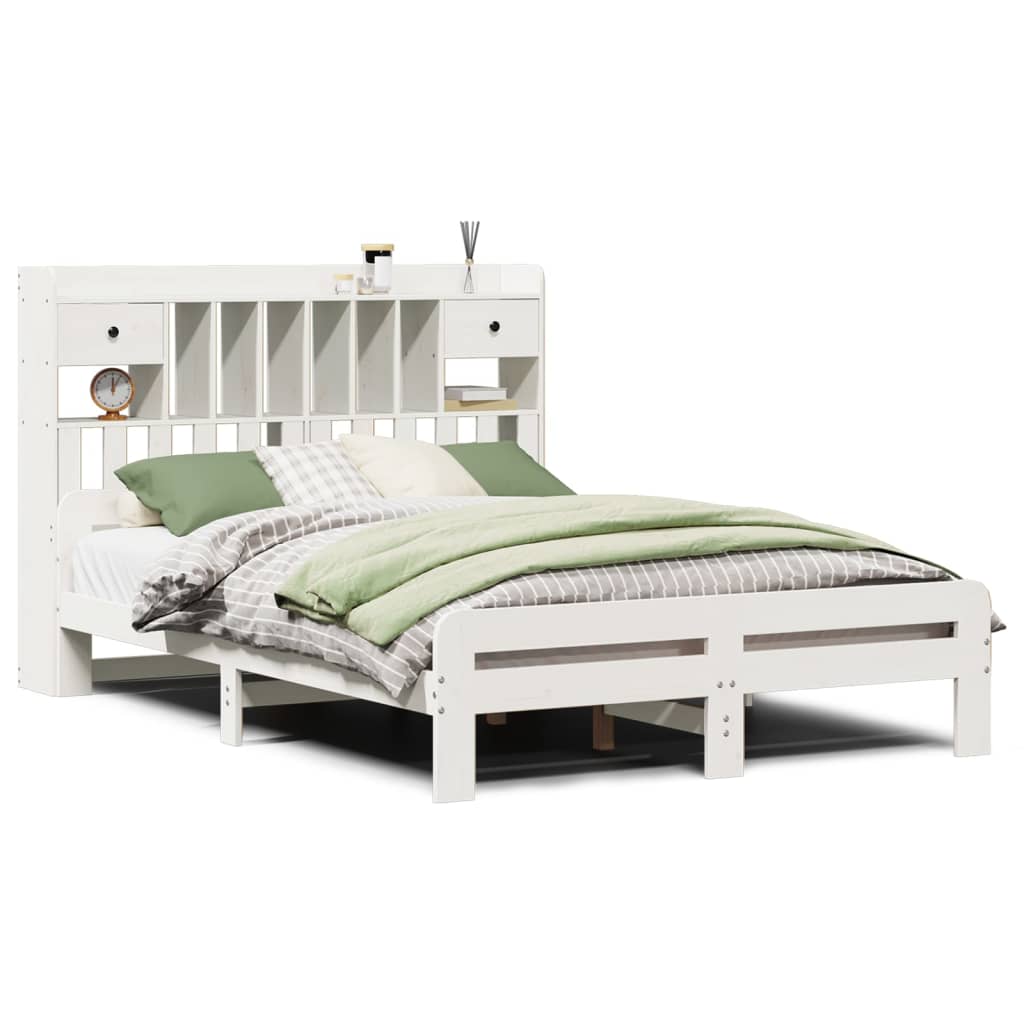 Seng med bokhylle uten madrass hvit 140x190 cm heltre furu