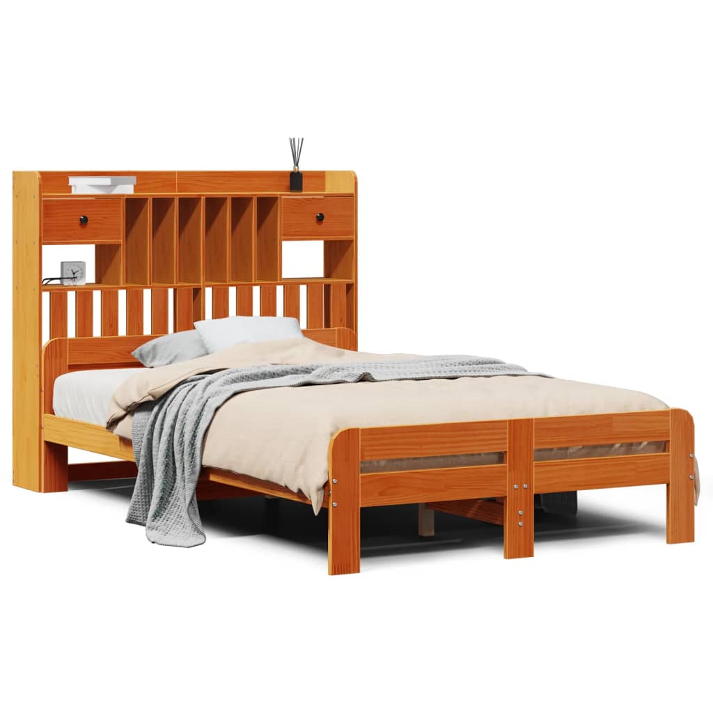 Seng med bokhylle uten madrass voksbrun 135x190 cm heltre furu
