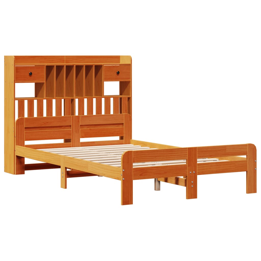 Seng med bokhylle uten madrass voksbrun 135x190 cm heltre furu