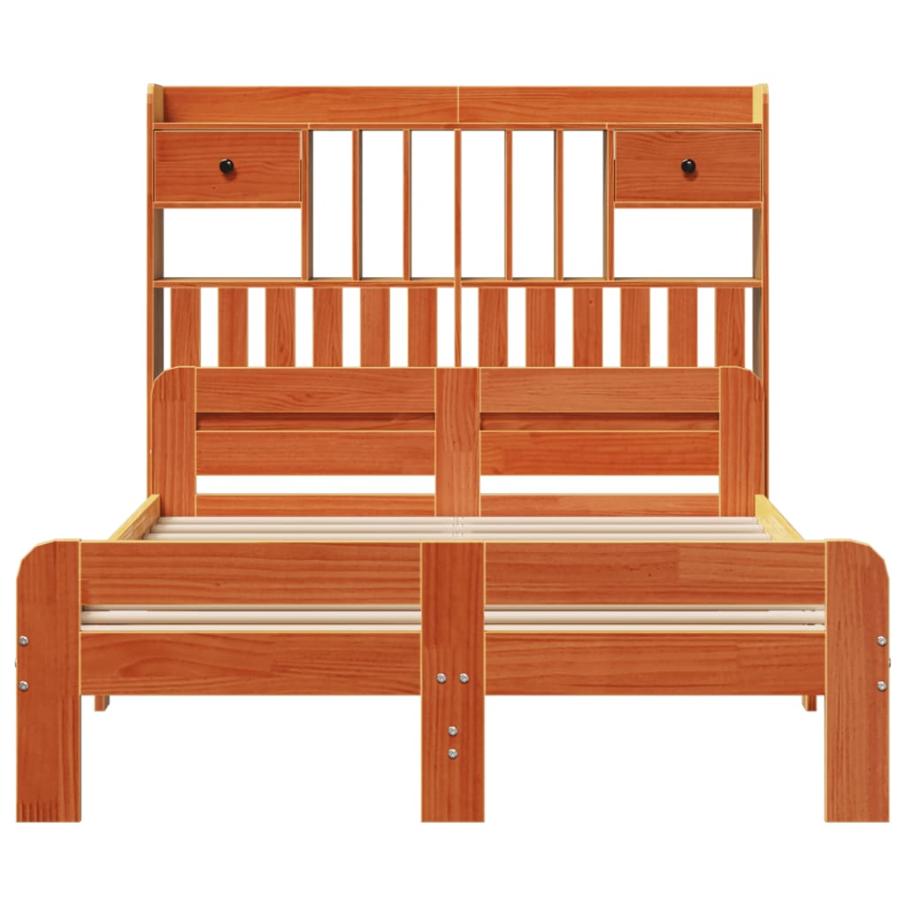 Seng med bokhylle uten madrass voksbrun 135x190 cm heltre furu