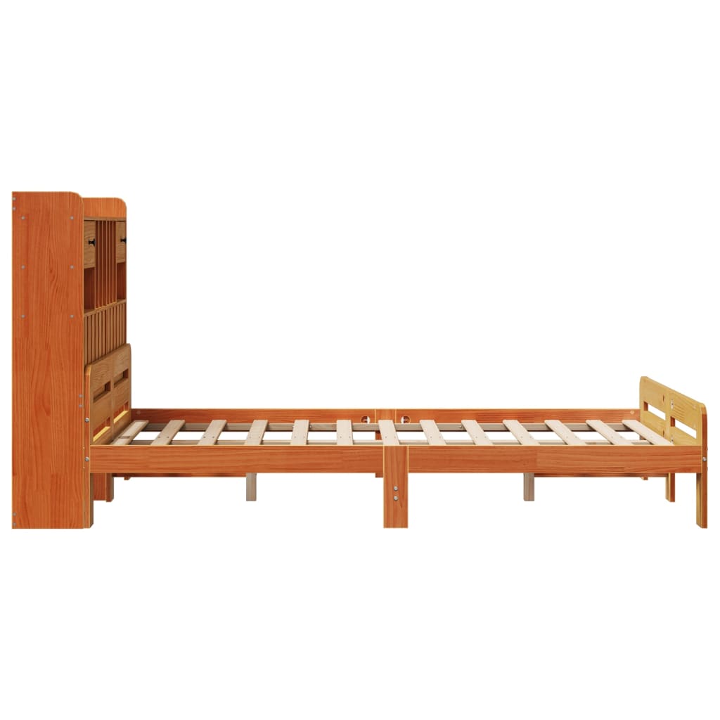 Seng med bokhylle uten madrass voksbrun 135x190 cm heltre furu