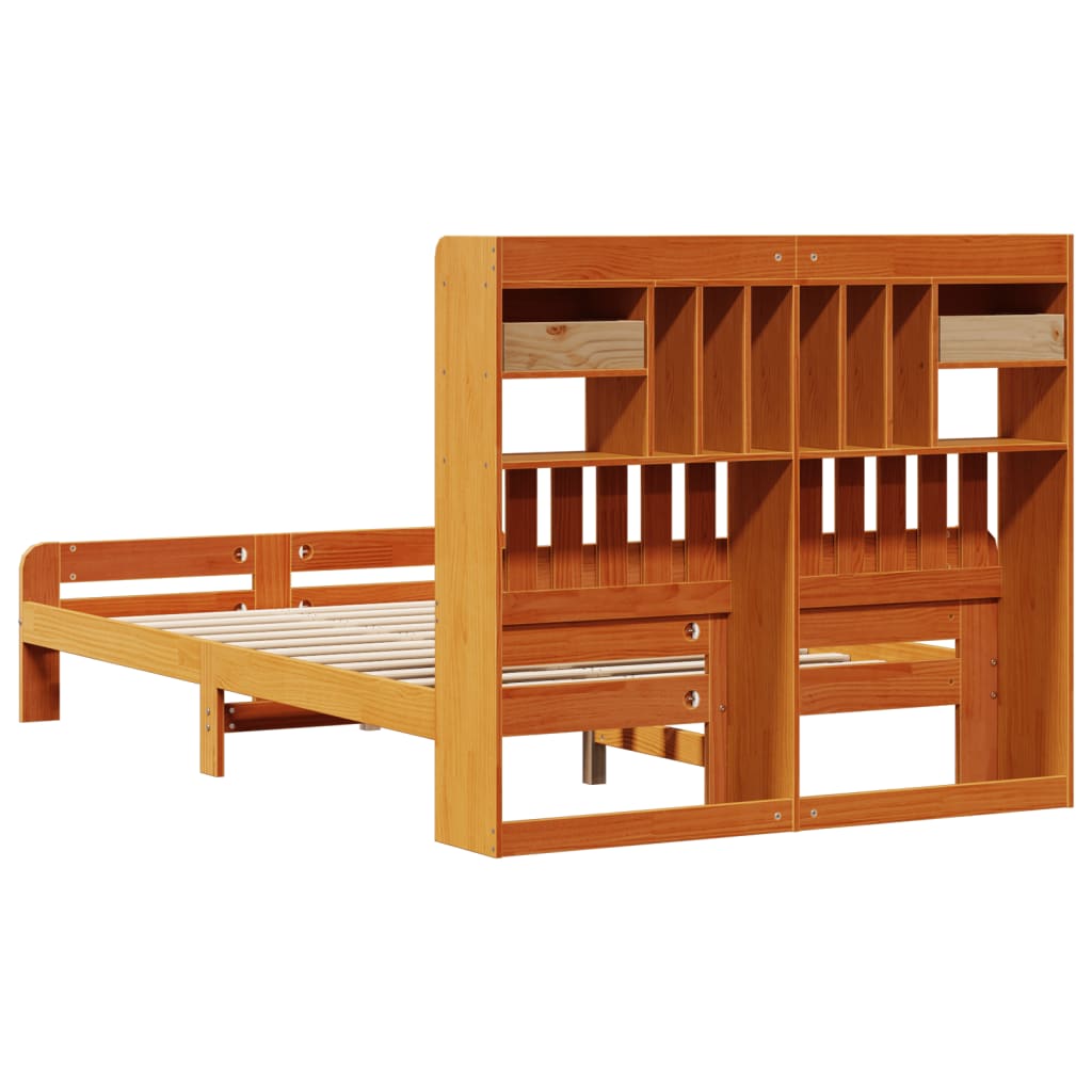 Seng med bokhylle uten madrass voksbrun 135x190 cm heltre furu