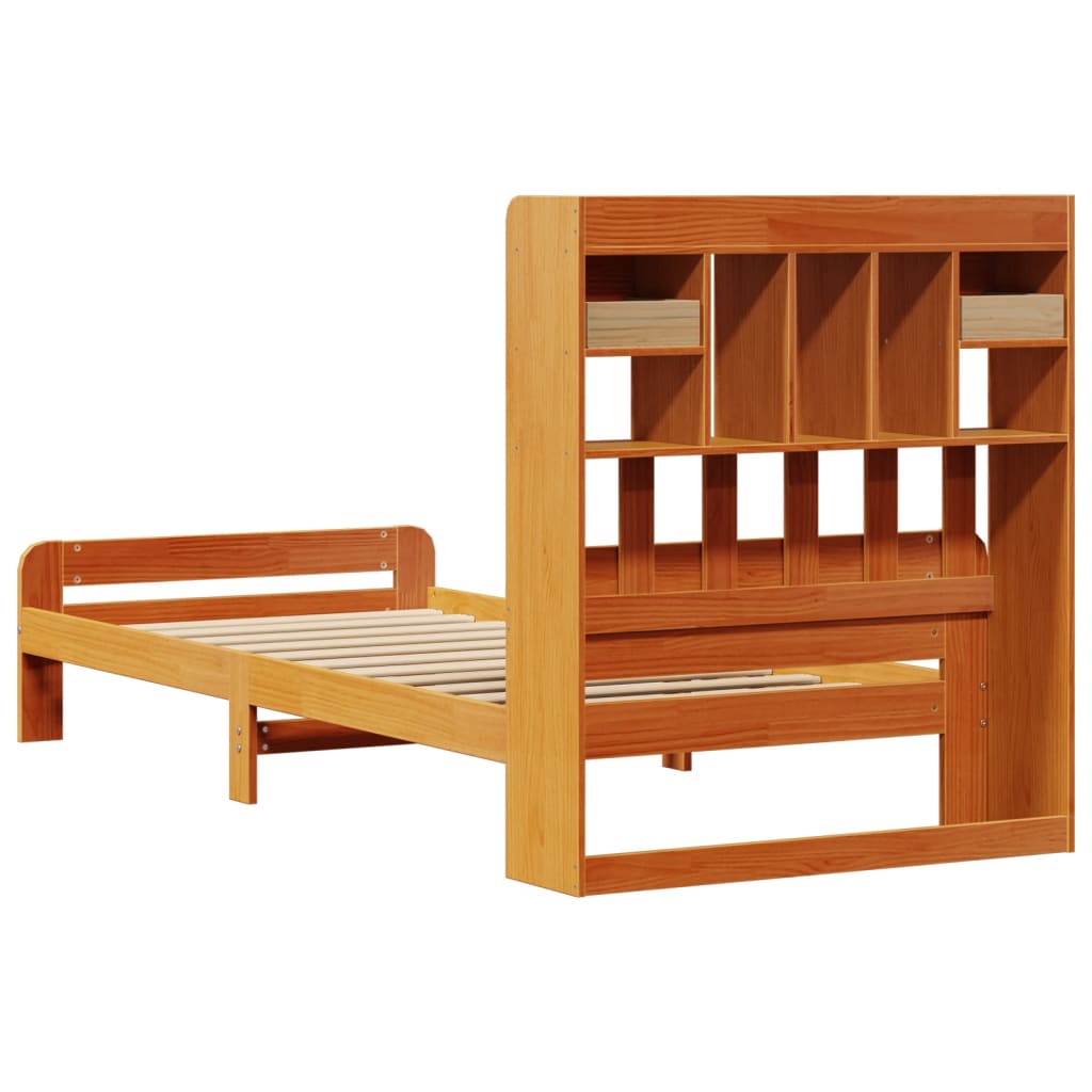 Seng med bokhylle uten madrass voksbrun 75x190 cm heltre furu
