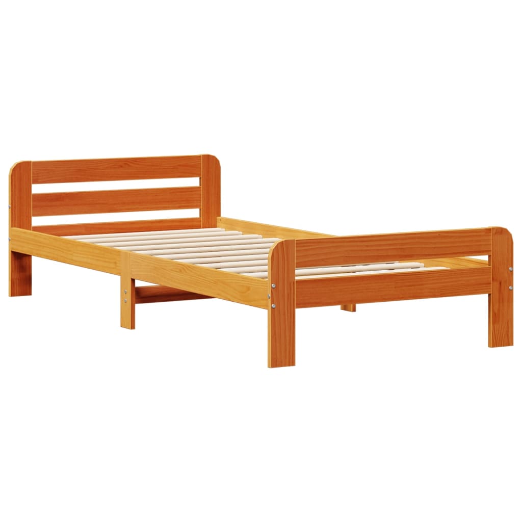 Seng med bokhylle uten madrass voksbrun 75x190 cm heltre furu