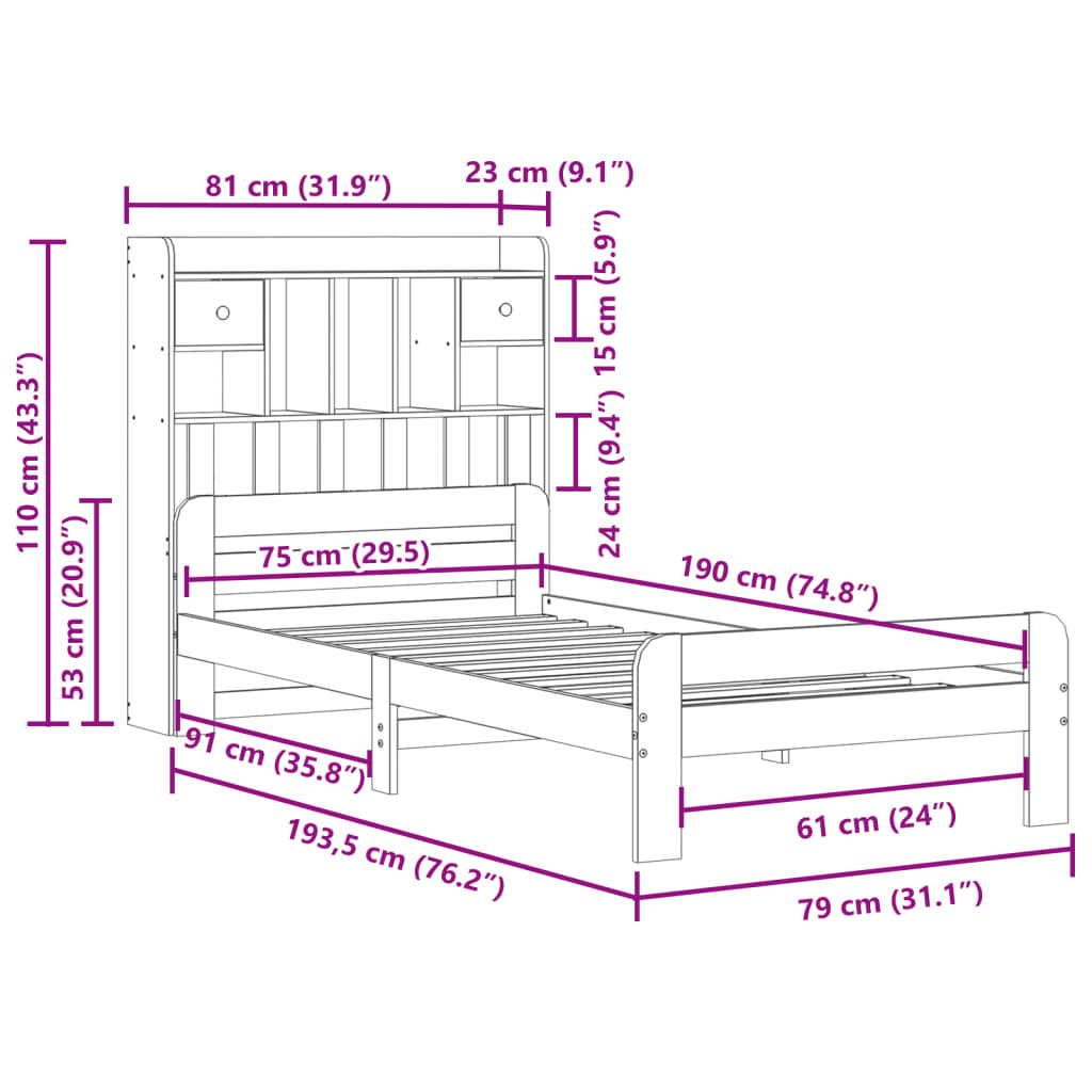 Seng med bokhylle uten madrass voksbrun 75x190 cm heltre furu