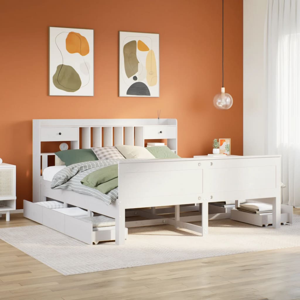 Seng med bokhylle uten madrass hvit 180x200 cm heltre furu