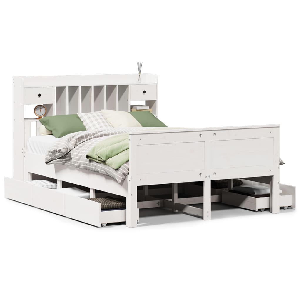 Seng med bokhylle uten madrass hvit 150x200 cm heltre furu