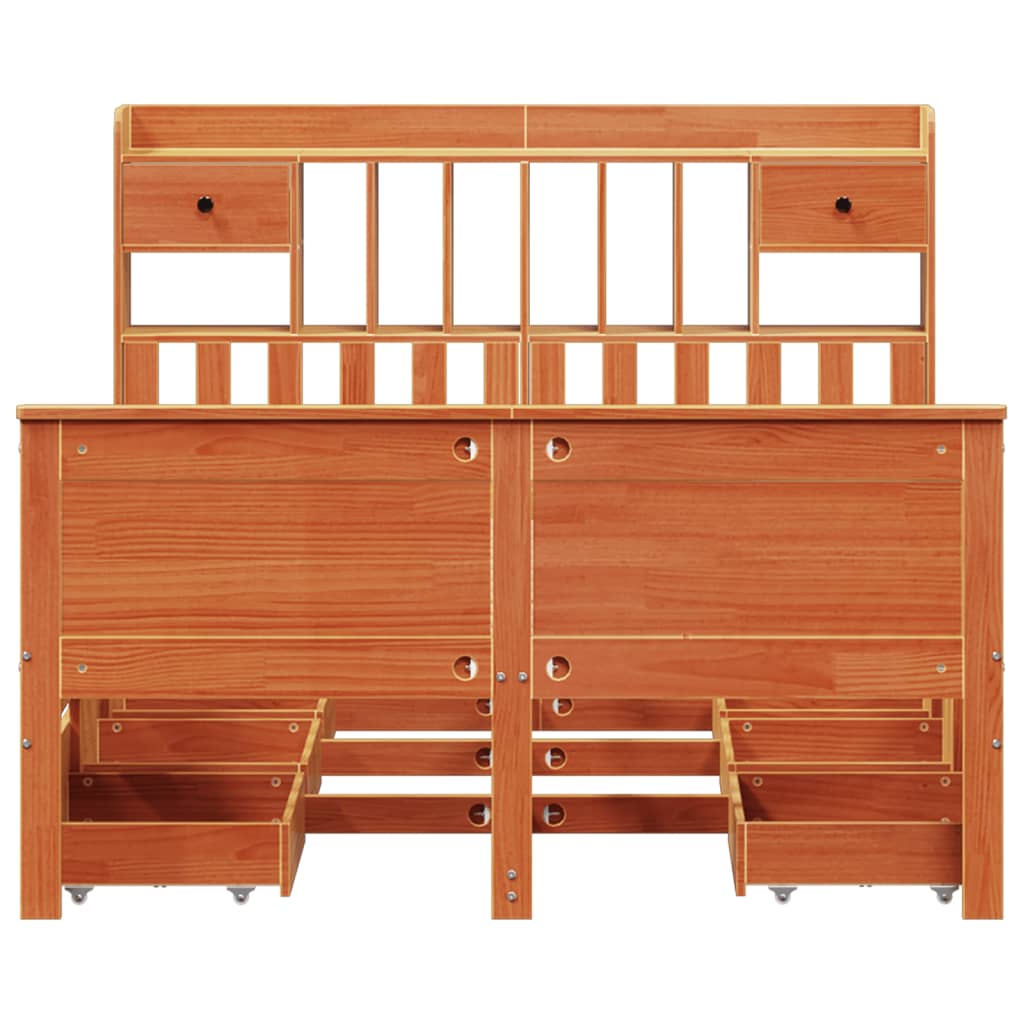 Seng med bokhylle uten madrass voksbrun 150x200 cm heltre furu