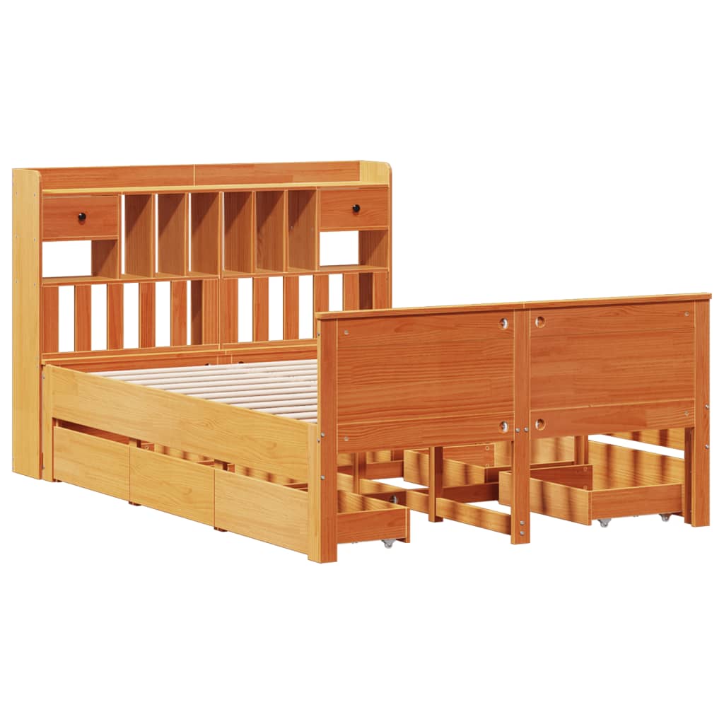 Seng med bokhylle uten madrass voksbrun 140x200 cm heltre furu