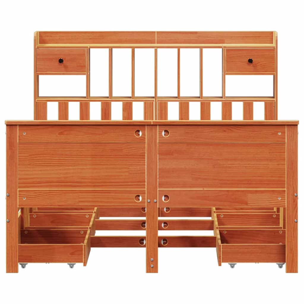 Seng med bokhylle uten madrass voksbrun 140x200 cm heltre furu