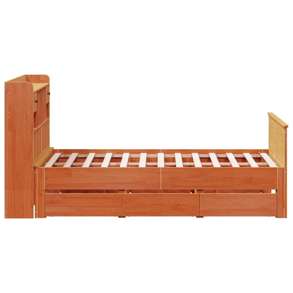 Seng med bokhylle uten madrass voksbrun 140x200 cm heltre furu