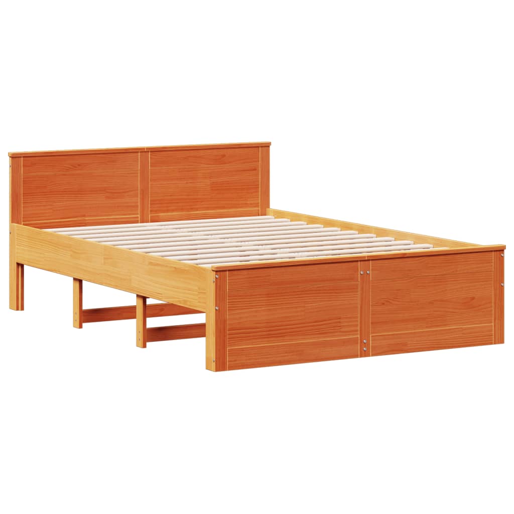 Seng med bokhylle uten madrass voksbrun 140x200 cm heltre furu