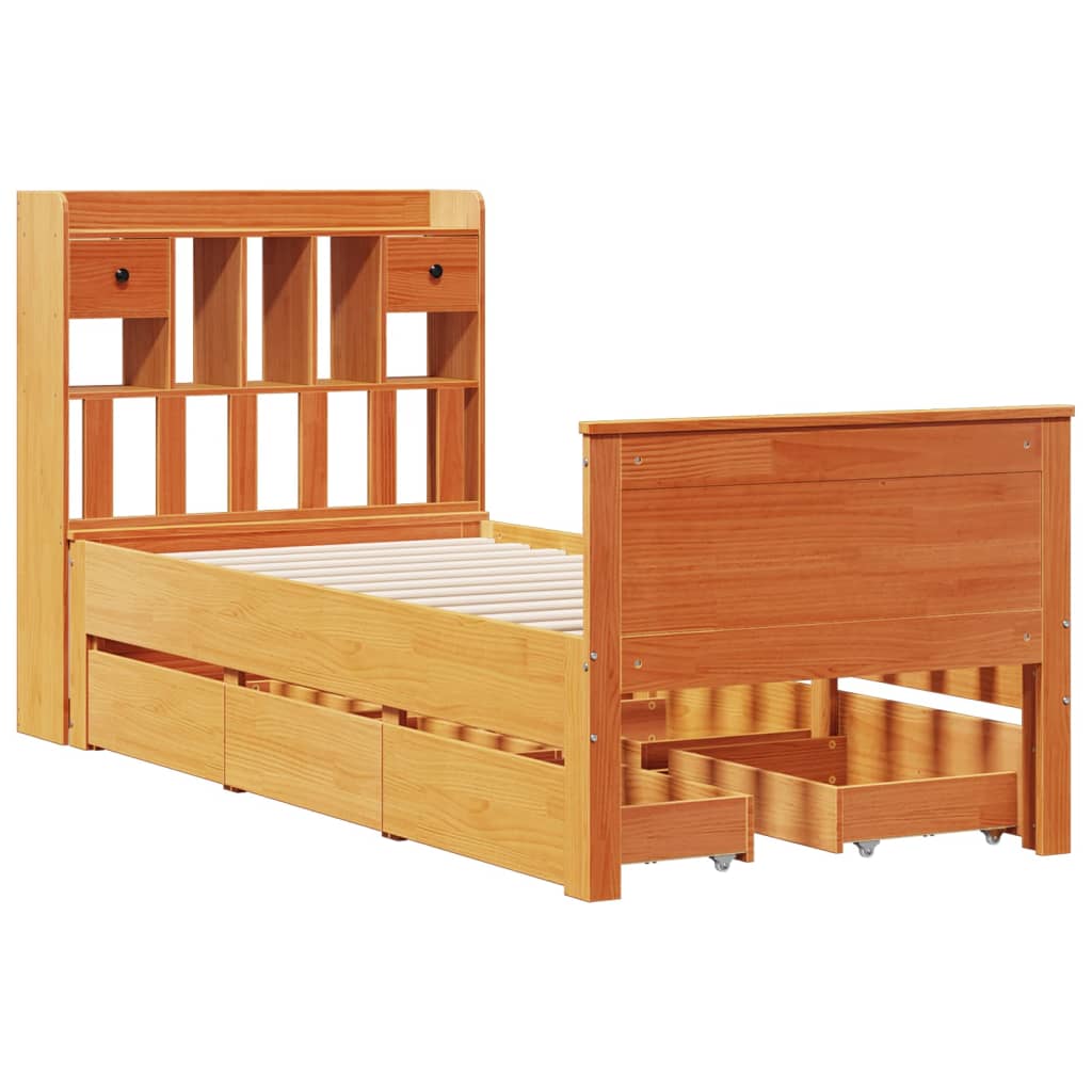 Seng med bokhylle uten madrass voksbrun 100x200 cm heltre furu