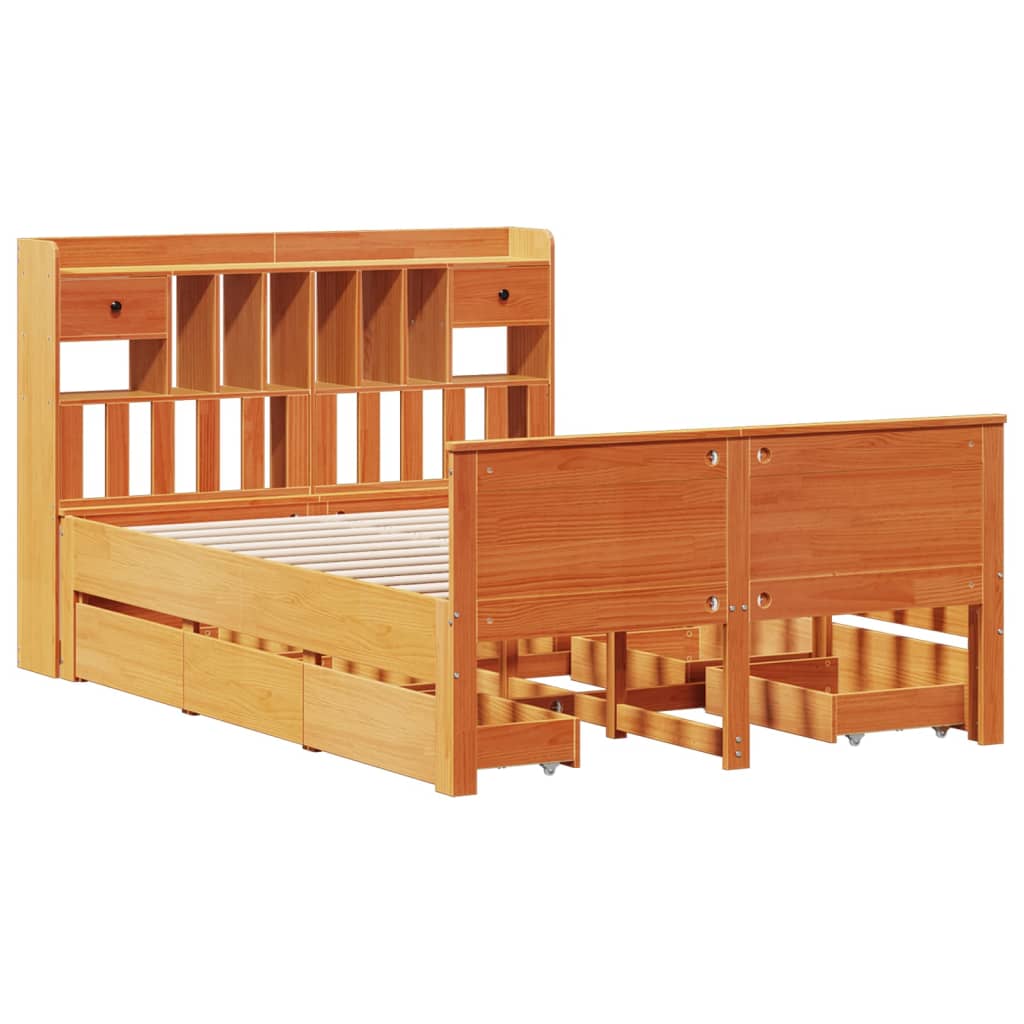 Seng med bokhylle uten madrass voksbrun 140x190 cm heltre furu